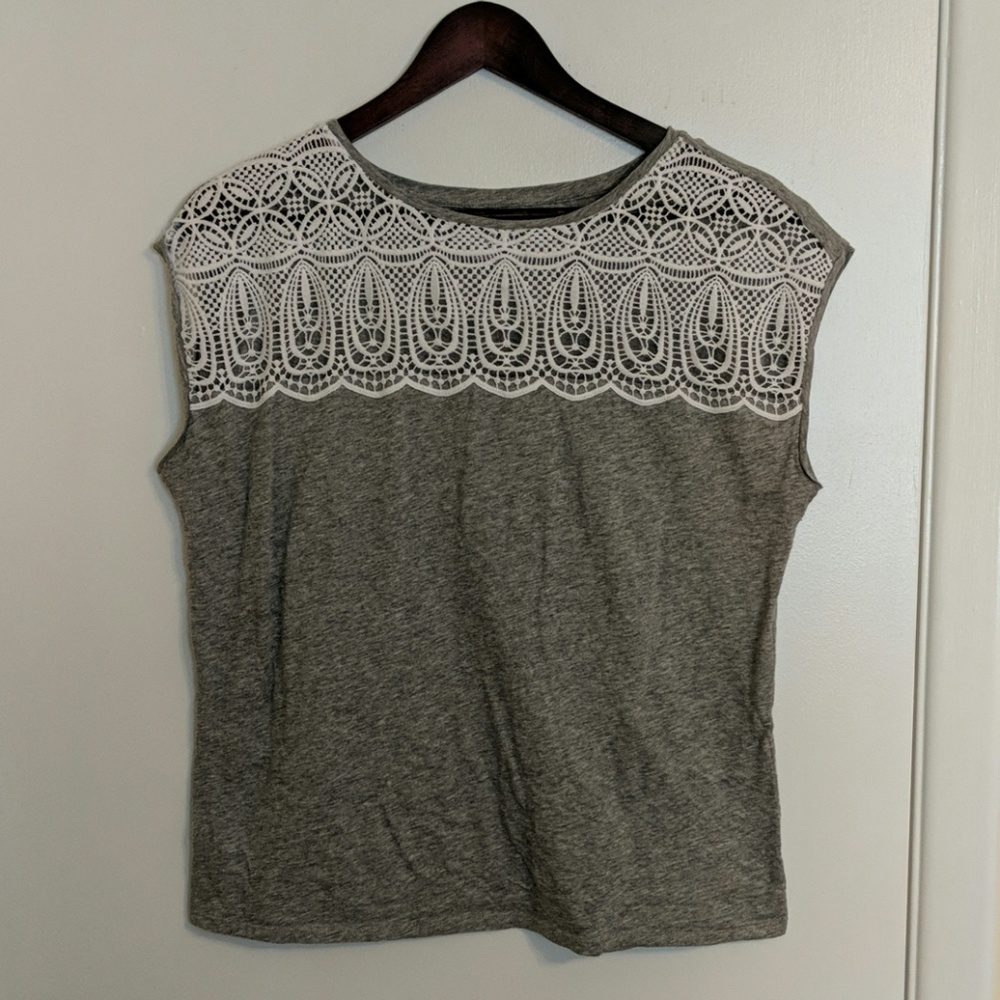 LOFT Gray Tee with White Lace Detail LP